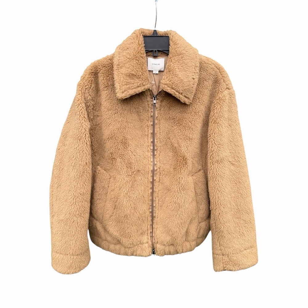 Vince Faux Fur Shearling Bomber Jacket Camel Tan Wool Blend Women's Large